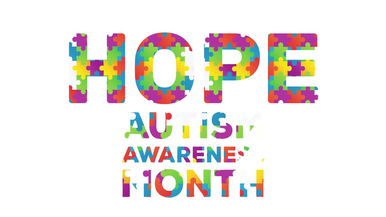 희망을 형성하는 퍼즐 요소와 함께 디지털로 생성된 비디오 자폐증 인식 달 텍스트 w에 대항