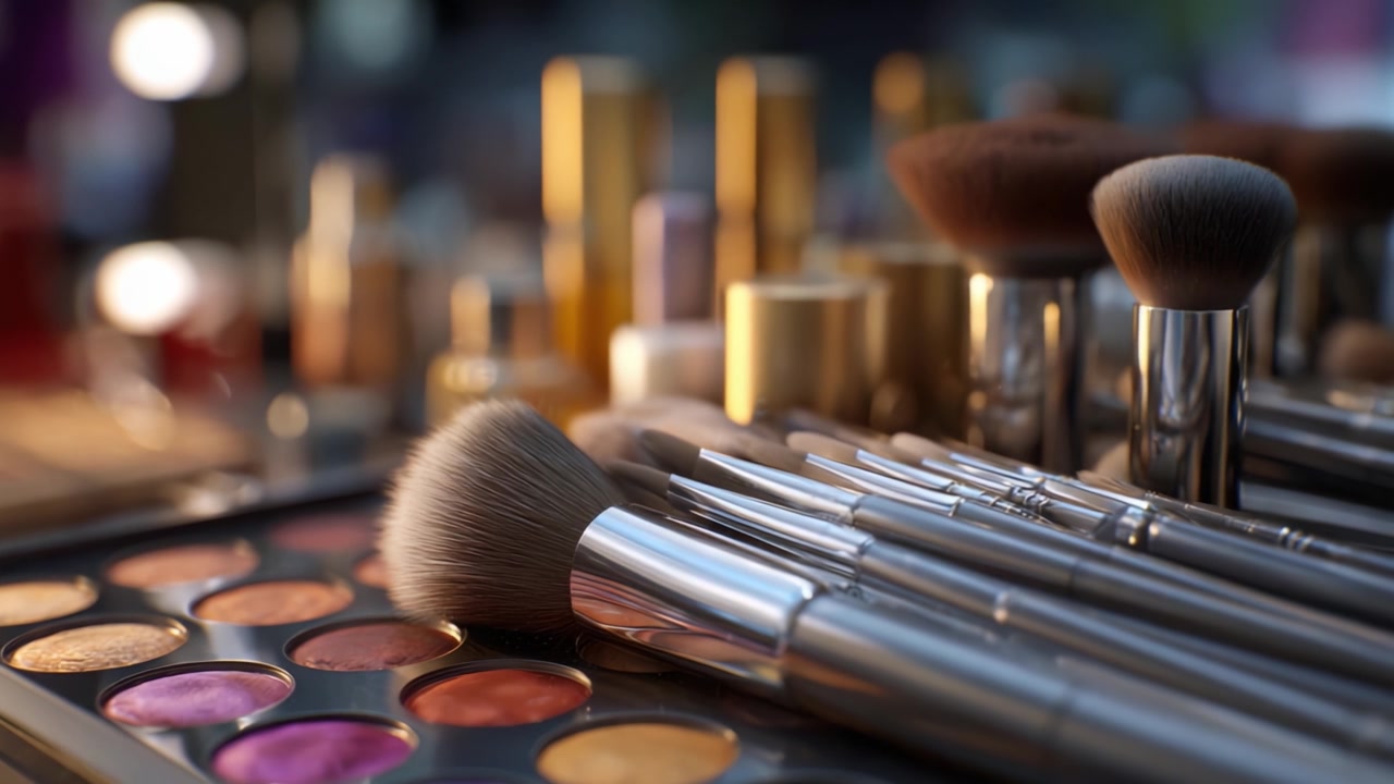 A Collection of Luxurious Makeup Products and Brushes Showcasing Vibrant Colors for Beauty Enthusiasts Captured in Two Frames from a Lifestyle Video