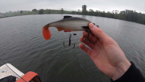 Un-Pescador-Sostiene-Un-Señuelo-Suave-Con-Anzuelos-En-La-Mano,-Se-Para-En-Un-Bote-En-Un-Pequeño-Lago-Suizo