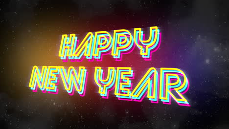 texto de introducción de animación feliz año nuevo y estrellas en fondo de vacaciones retro galaxy