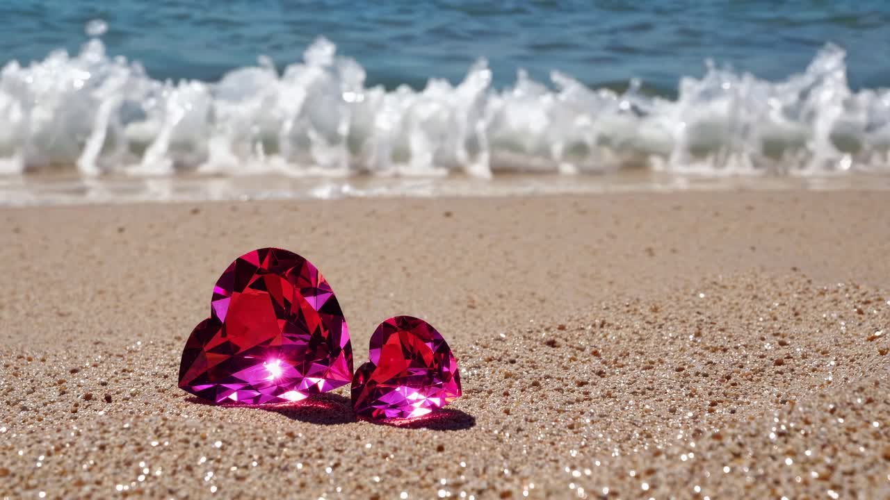 Two pink heart shaped gemstones glisten on the sandy shore, with gentle waves lapping in the background, creating a romantic and serene atmosphere