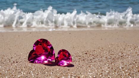 twee roze hartvormige edelstenen glinsteren op het zandstrand, met zachte golven op de achtergrond, waardoor een romantische en serene sfeer ontstaat.