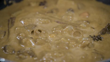burbujas cocinando una pasta de curry massaman tailandés con clavos de leche de coco y anís estrellado