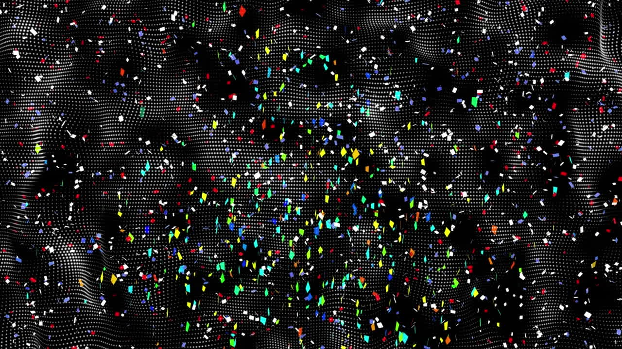 Animation of shapes and confetti on black background