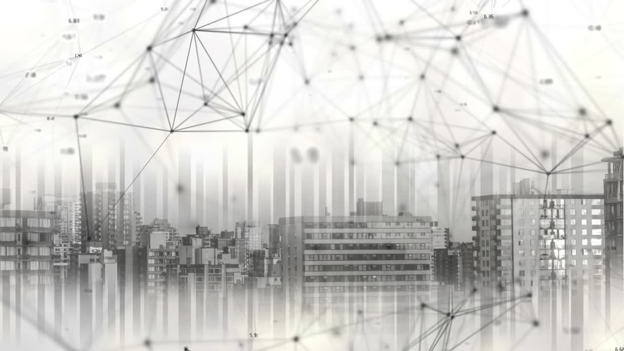 Network of connection icons against cityscape