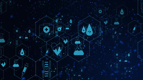 animación de iconos y procesamiento de datos científicos sobre un fondo oscuro