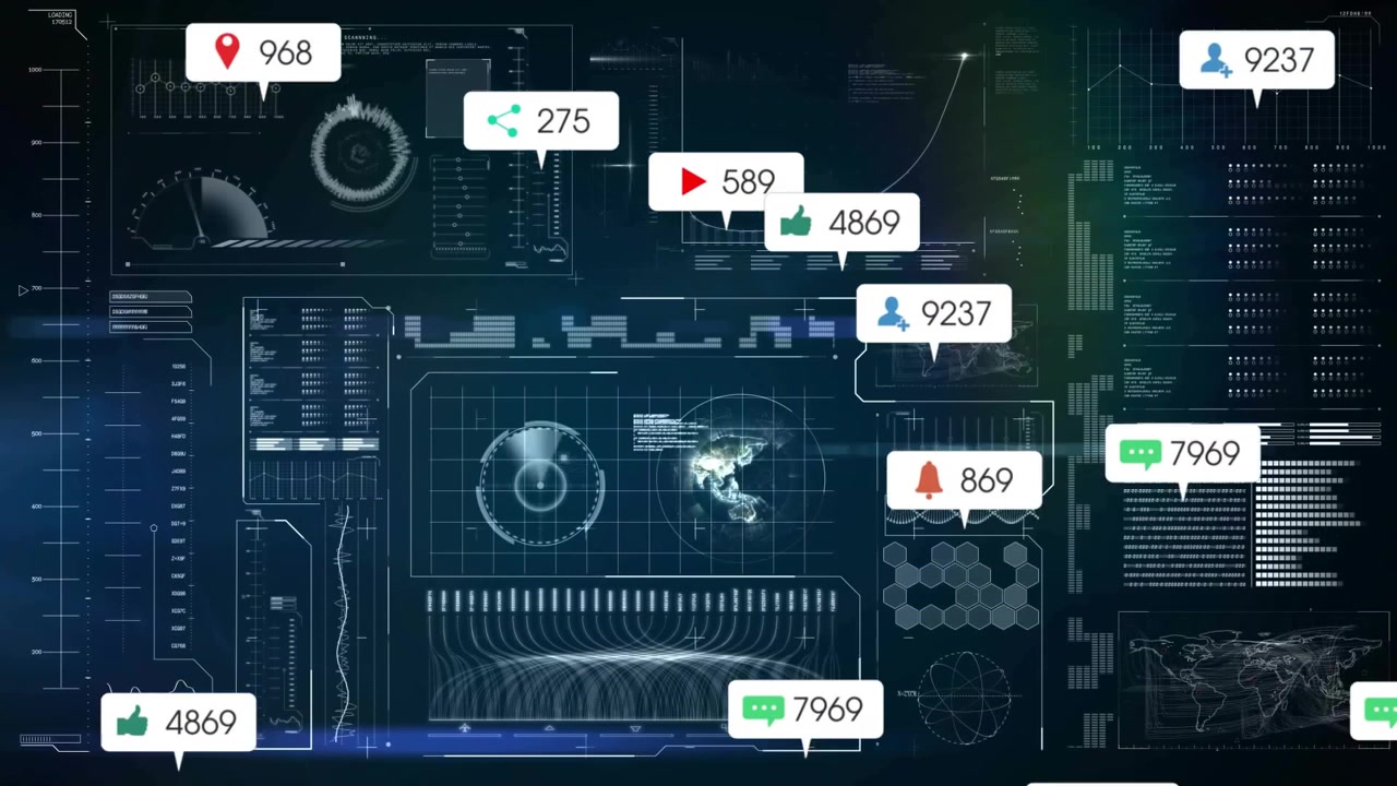 Holographic data HUD showing badges appearing floating scaling counts circling globe showing surge