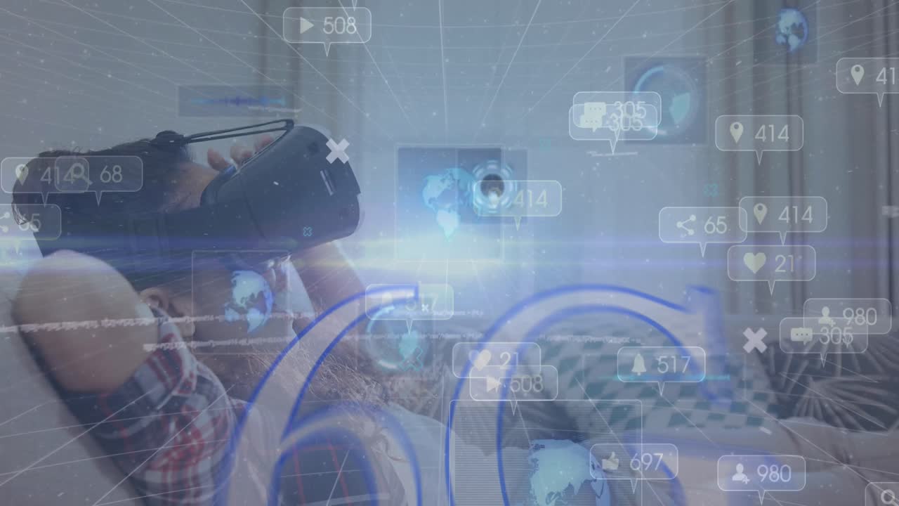 Animation of 6g text, social media icons on banners over woman wearing vr headset