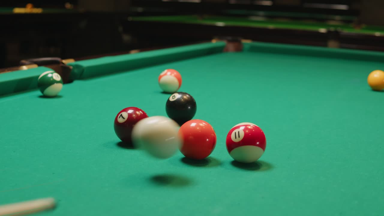 Playing American billiard poule close-up. Colorful balls on green billiards table .Billiard balls with numbers on a pool table. Billiards team sport. High quality 4k footage