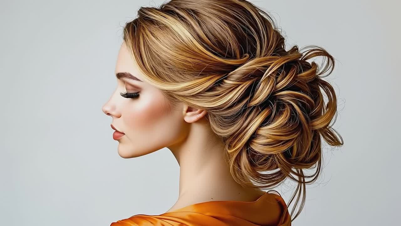 A woman with blonde hair in a messy updo with a braid in her hair