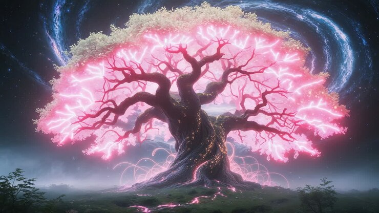 Mystical Tree of Light in a Galactic Landscape