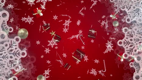 Animation-Von-Weihnachtsgeschenken-Und-Schneeflocken,-Die-Auf-Roten-Hintergrund-Fallen