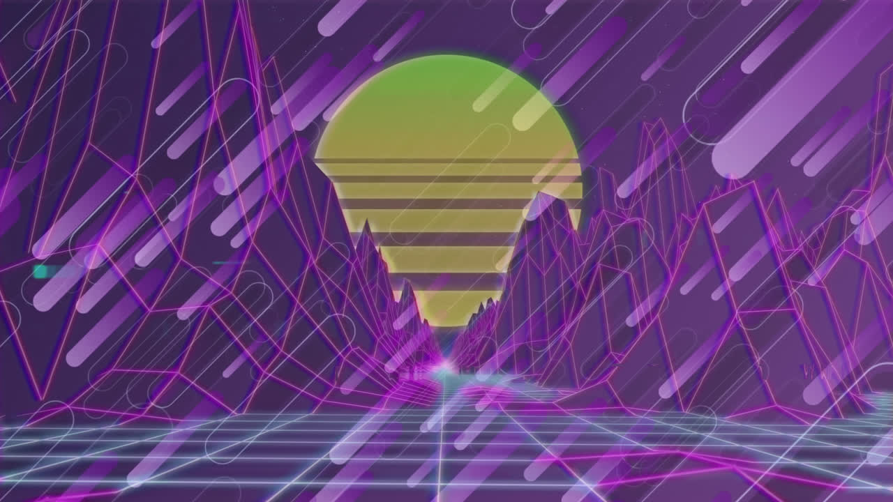 Animation of glowing mountains ans sun over grid and black background