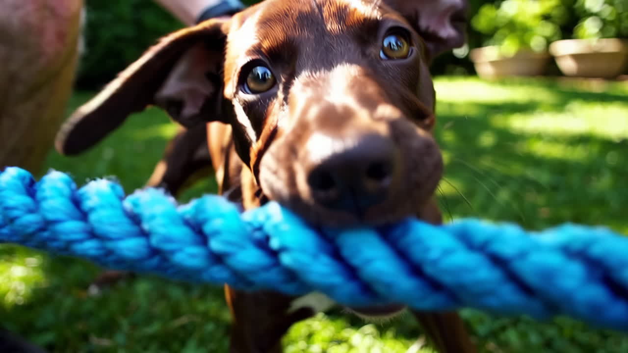 Cucciolo giocoso che gioca al tiro alla fune con una corda blu