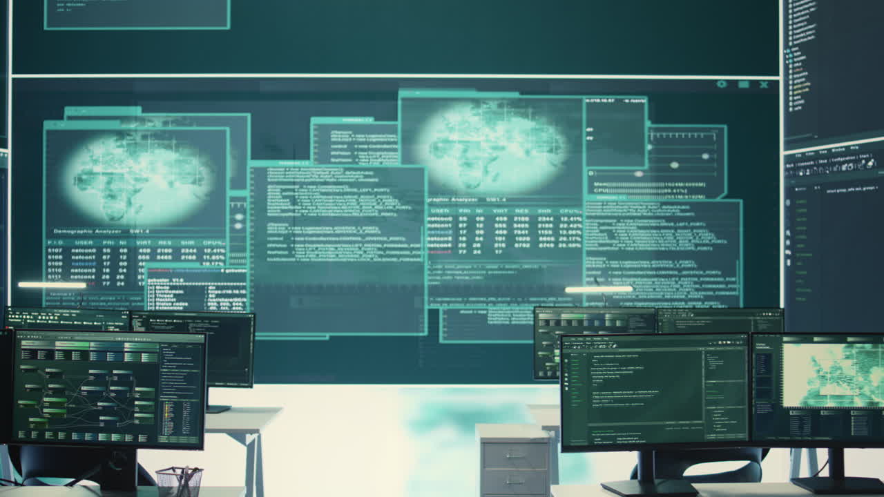 Advanced cyber surveillance room with no personnel present