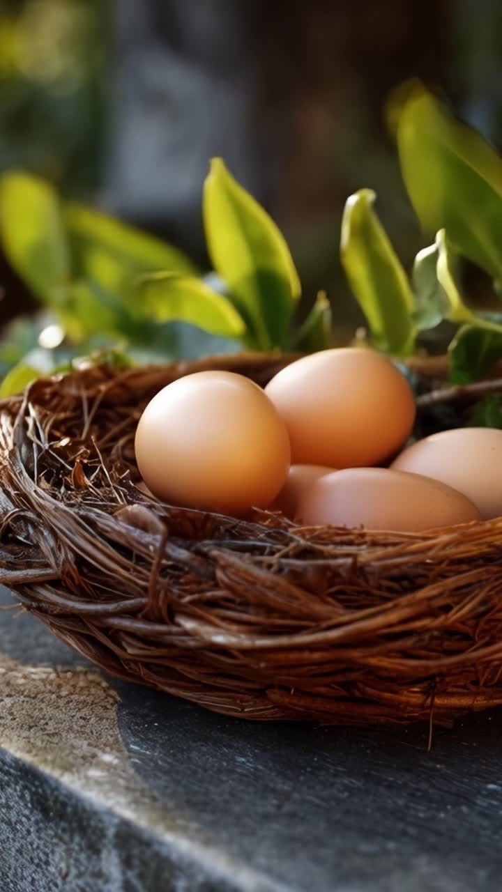Zbliżenie świeżych jaj ułożonych w naturalnym gnieździe, otoczonych zielenią, ukazujące piękno rolnictwa ekologicznego i cyklu życia w naturze.