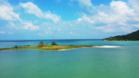 small sandbank with exotic vegetation near the coast of the tropical island