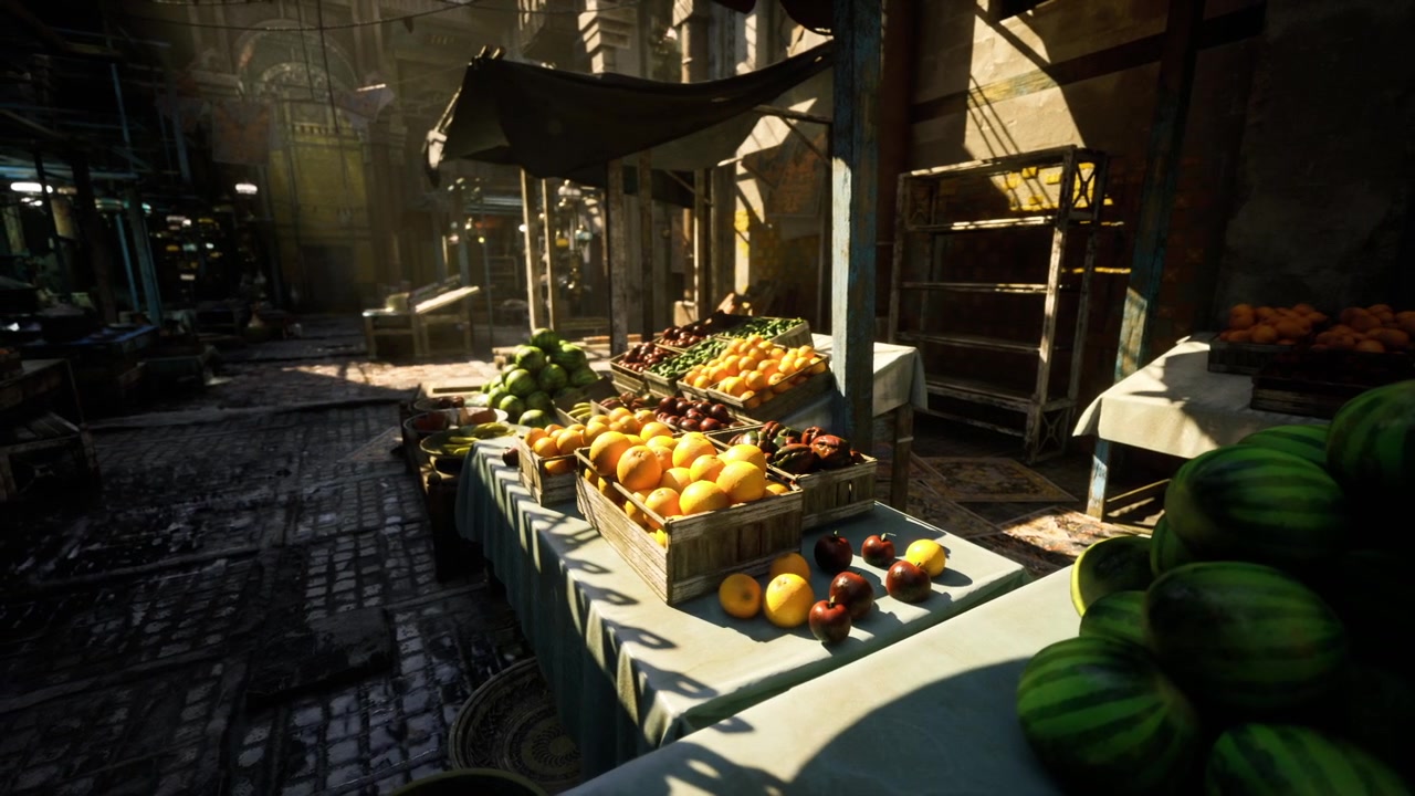 Fruttivendolo prepara prodotti freschi in un vivace ambiente di mercato