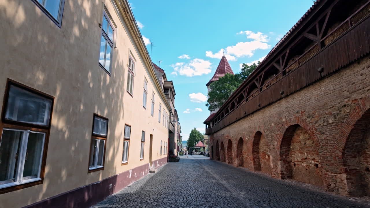 Historisk gade i Sibiu med Turnul Olarilor på en solskinsdag