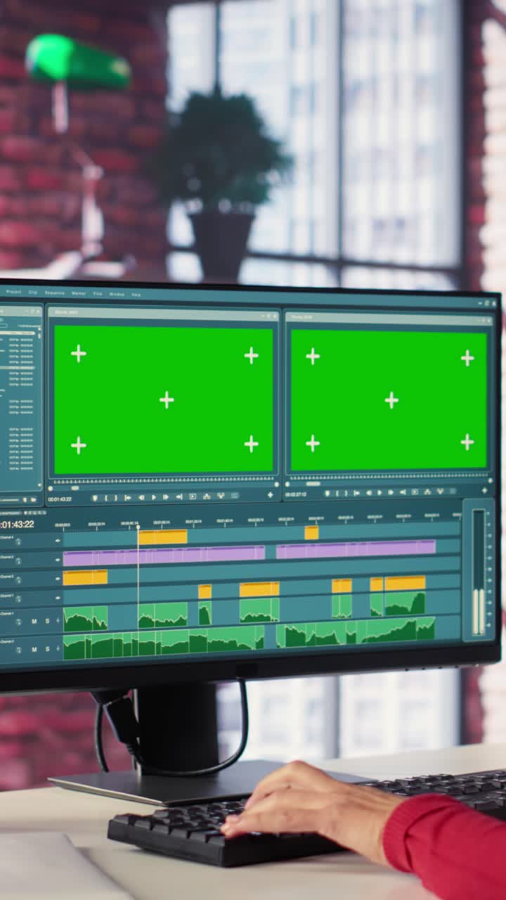 Vertical Video Focused editor woman works on video montage in a creative software