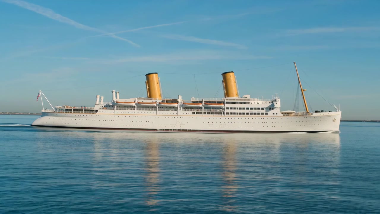 Profil latéral d'un grand paquebot blanc de style historique glissant tranquillement sur des eaux côtières calmes, avec un sillage visible, deux cheminées jaunes, une coque éclairée par le soleil et un horizon bleu dégagé. Un navire de ligne sur l'océan.