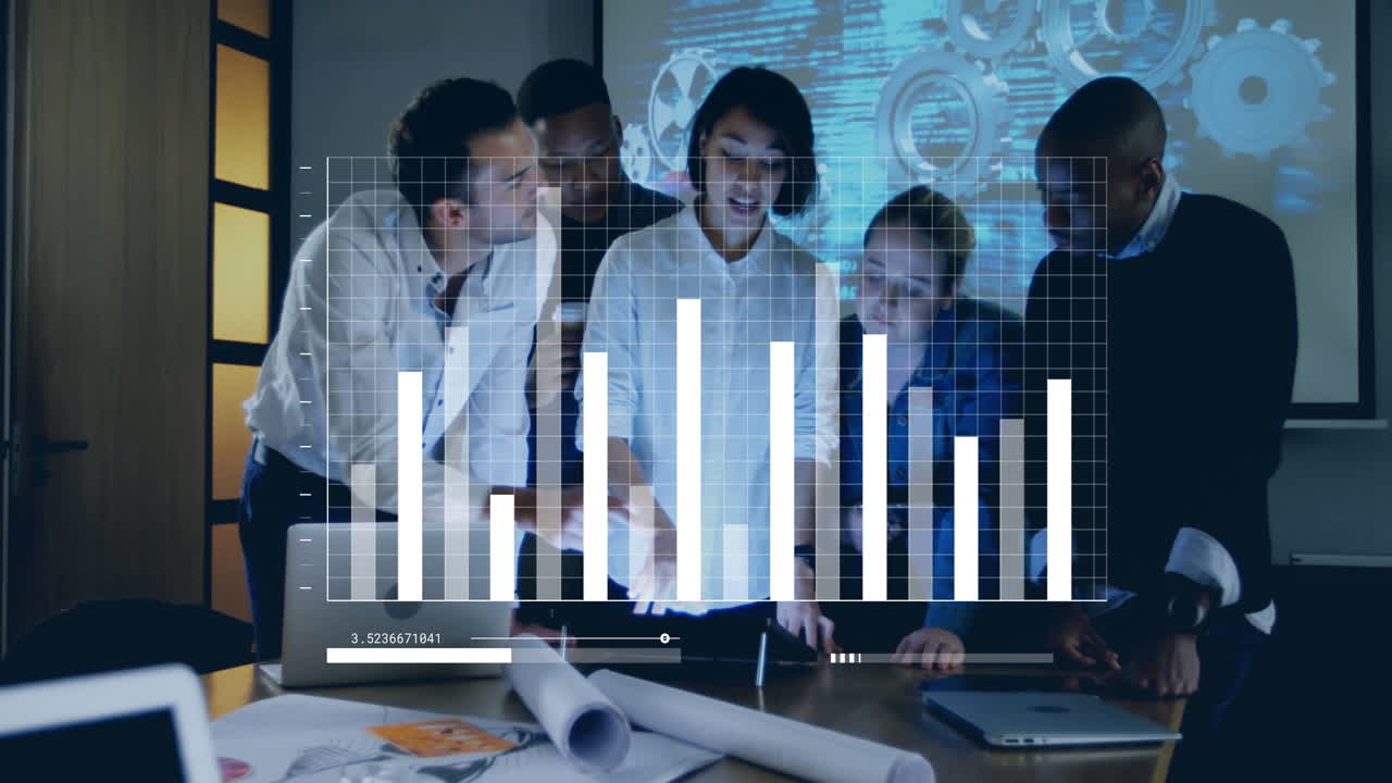 Animation of financial data processing over diverse business people in office