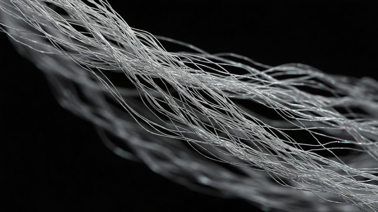 Intricate Details of Fine Fibers Captured in Motion: A Close-Up Exploration of Translucent Strands in Artistic Arrangement Against a Dark Background