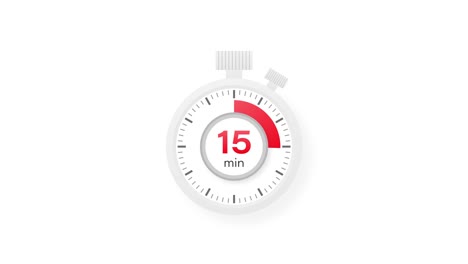 The 15 minutes timer. Stopwatch icon in flat style. Motion graphics.