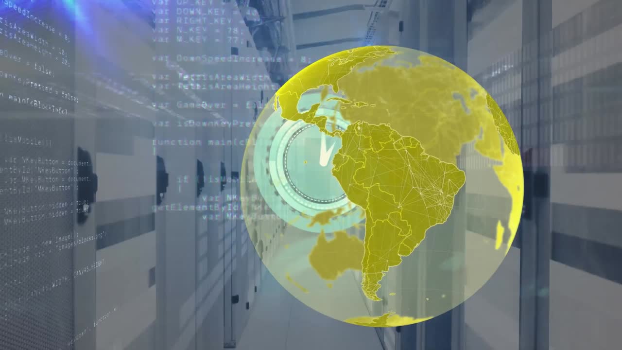 animación del globo, reloj que se mueve rápido y procesamiento de datos a través de servidores informáticos