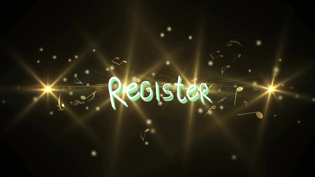 Testo animato "Register" con note musicali fluttuanti ed effetti di luce dorata