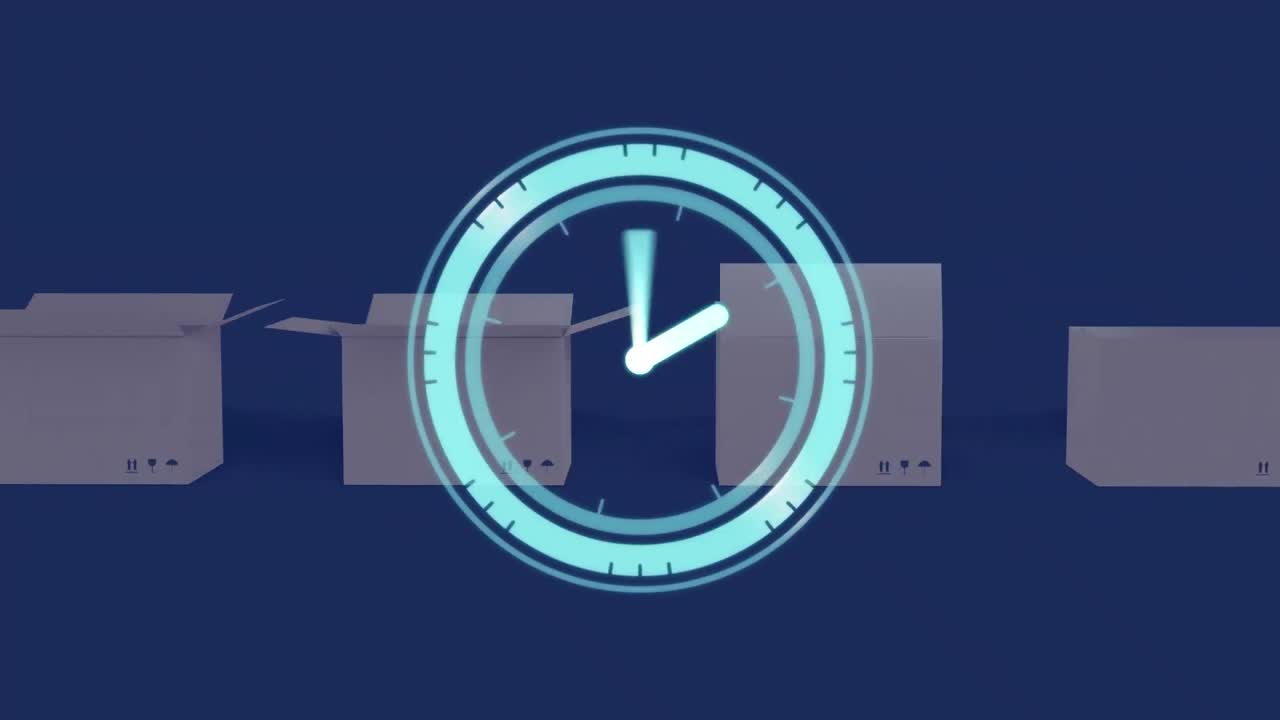 Animation einer sich bewegenden Uhr und Kartons auf blauem Hintergrund