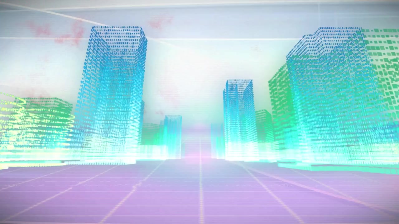 Paesaggio urbano olografico digitale con strutture di dati luminose