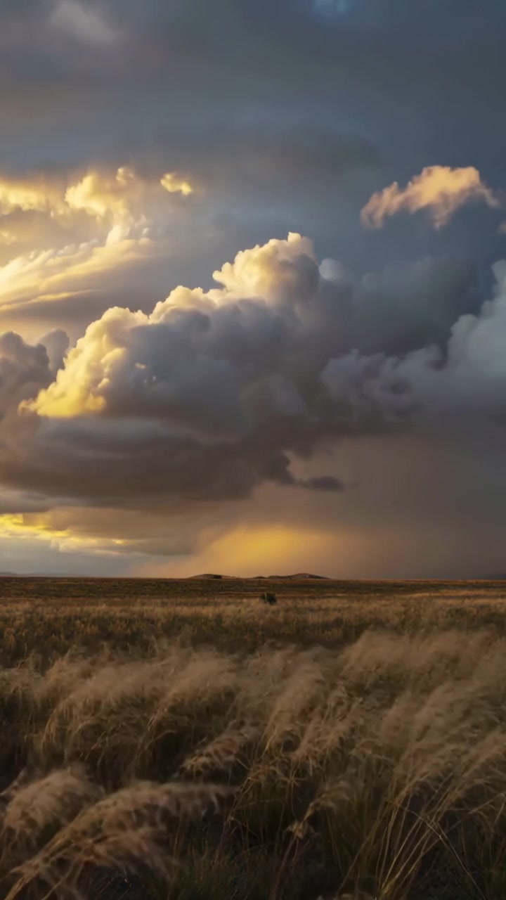 Vertical video: Wind gusting, swaying grass on plain while storm cloud swelling, rain shaft forming