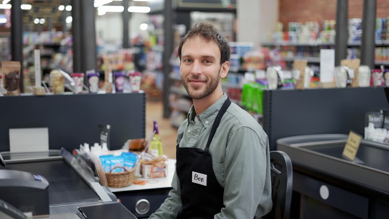 Uomo attraente al supermercato che aspetta alla cassa il prossimo cliente. Cassiere sorridente con grembiule nero.