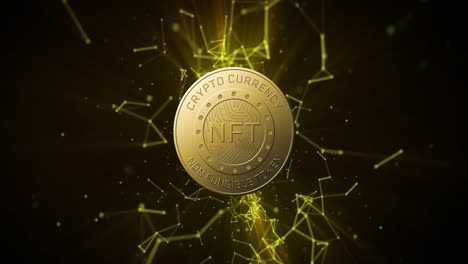 animación del texto nft en moneda de oro y red de conexiones sobre fondo oscuro