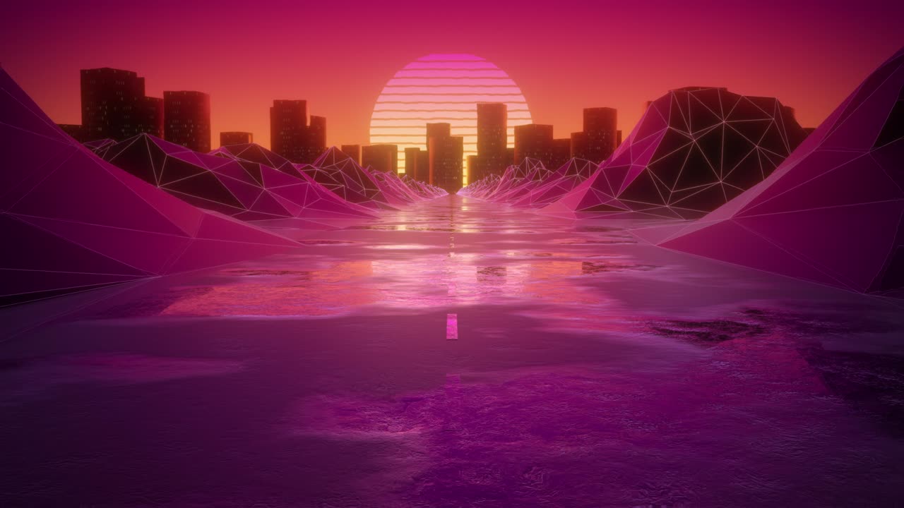 Retro 80s Electric Synthwave Sunset Cityscape Driving Loop Background