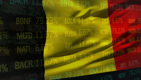 animation of financial data processing over flag of belgium