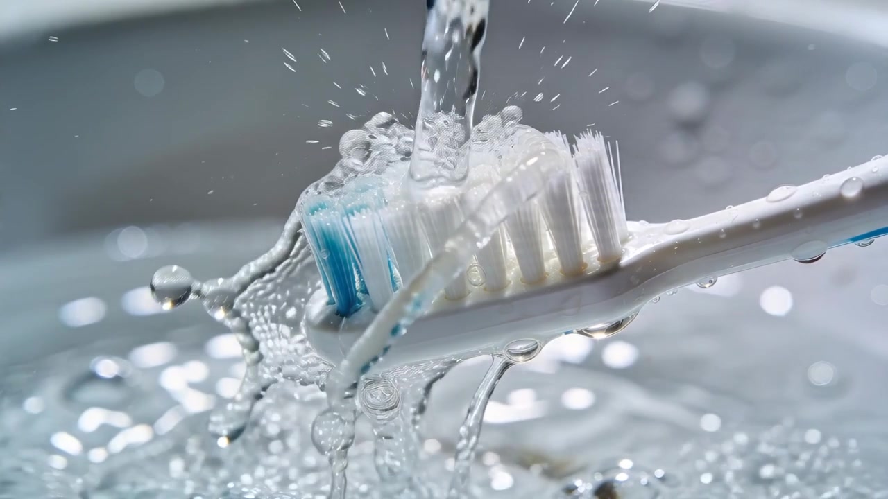 Chorro de grifo fluyendo golpeando el cabezal del cepillo de dientes en el lavabo del baño, rompiendo gel azul en gotas