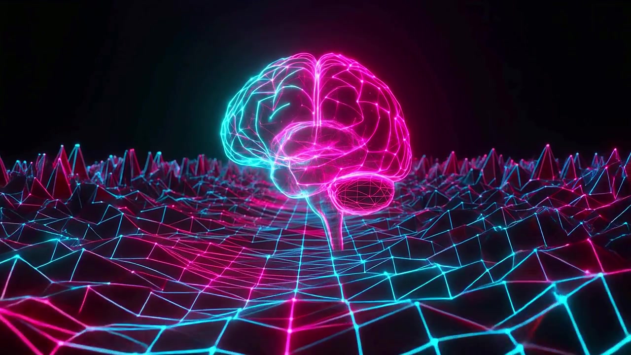 Glowing Wireframe Brain on Digital Network Grid