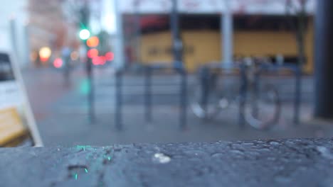 bokeh city scene on rainy day