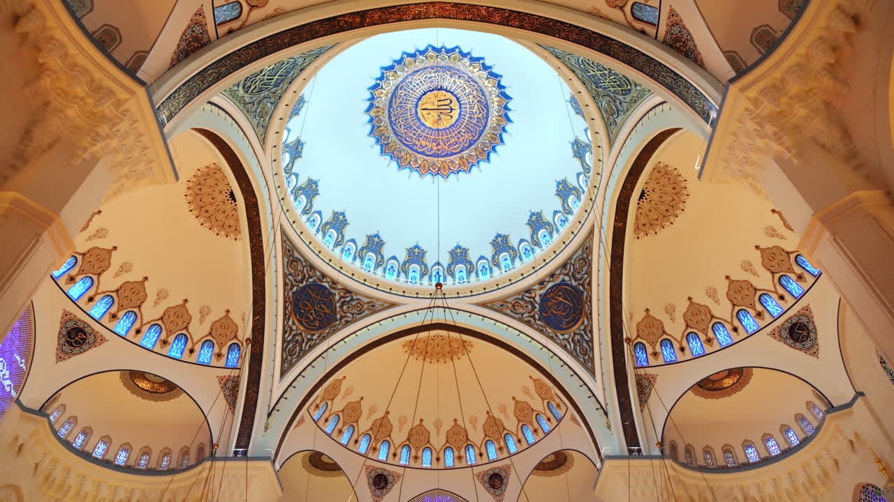 Interior view of the Camlica Mosque in Istanbul, Turkey. A lot of illumination, painted ceiling