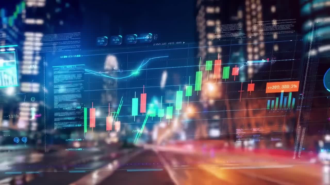 Concept video dinamico di crescita finanziaria con una ripresa dal basso di grafici digitali in un paesaggio urbano.