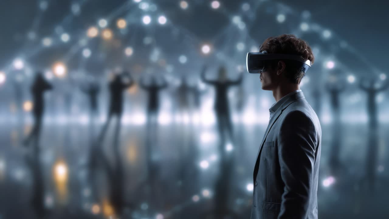 Esperienza Immersiva di Realtà Virtuale: Una Persona Immersa nella Tecnologia VR in un Ambiente Dinamico Circondata da Altri in un Contesto Futuristico