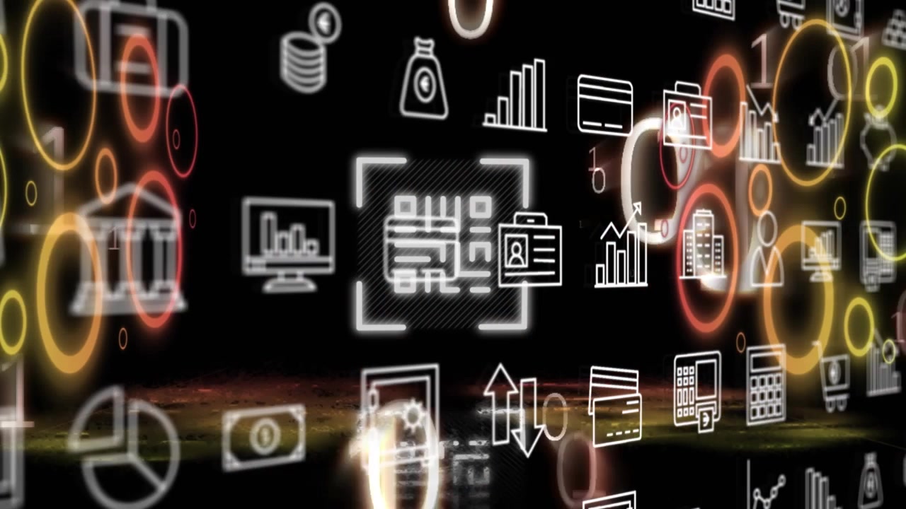 Animation of falling icons and qr code over dark background