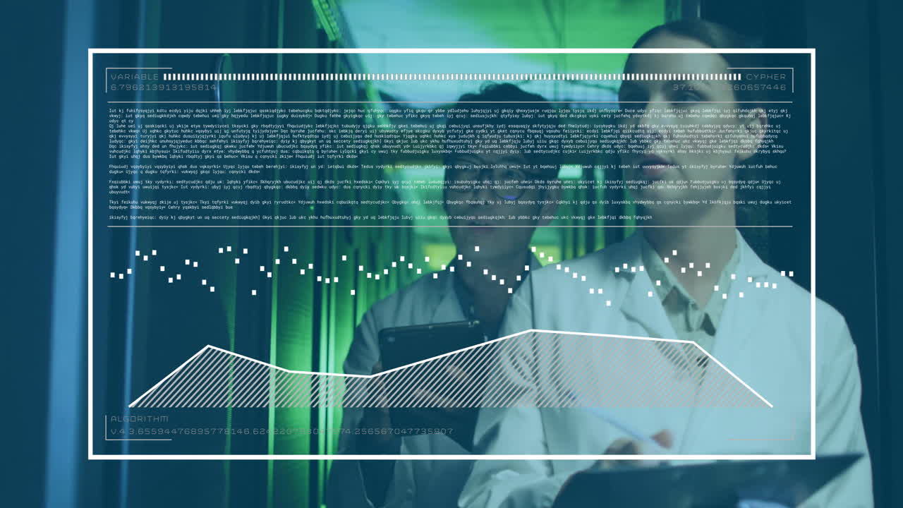 Analyzing data with animation, scientists in laboratory studying digital graphs
