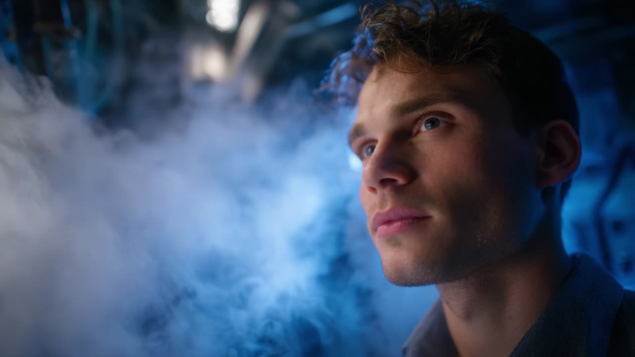 Close-Up Portrait of a Young Man Surrounded by Mist in a Dramatic Lighting Setting, Emphasizing a Mood of Contemplation and Introspection with Blue Hues Enhancing the Atmosphere