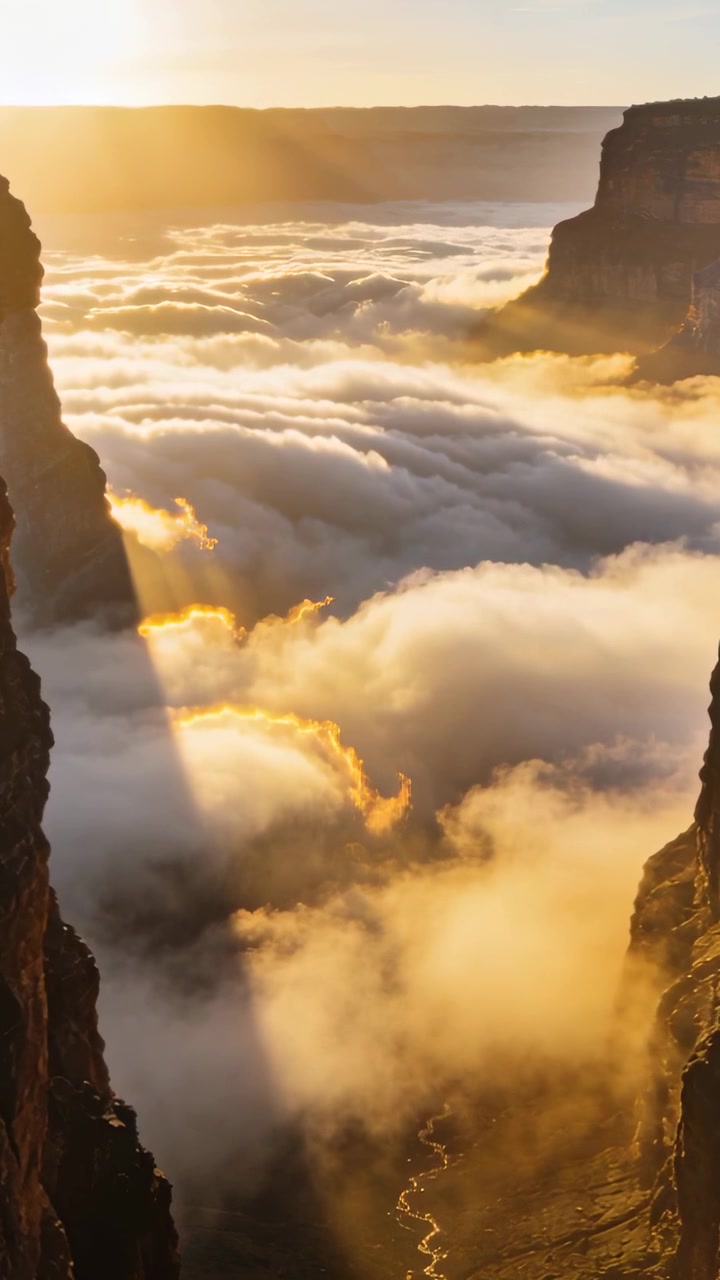 Video verticale: Sole che sorge e illumina un canyon pieno di nuvole con un raggio diagonale, rivelando un fiume serpeggiante