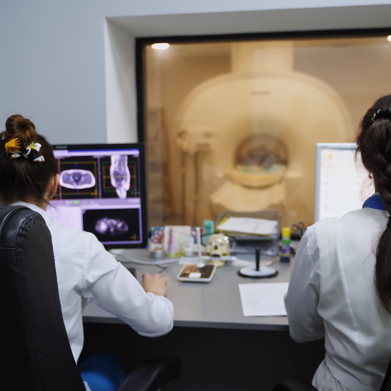 Pair of medics sitting in the room for MRI analysis. Magnetic resonance machine seen in window at backdrop