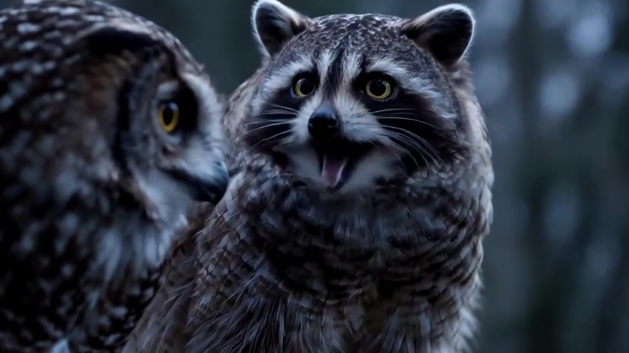 Raccoon and Great Horned Owl Interacting in a Forest