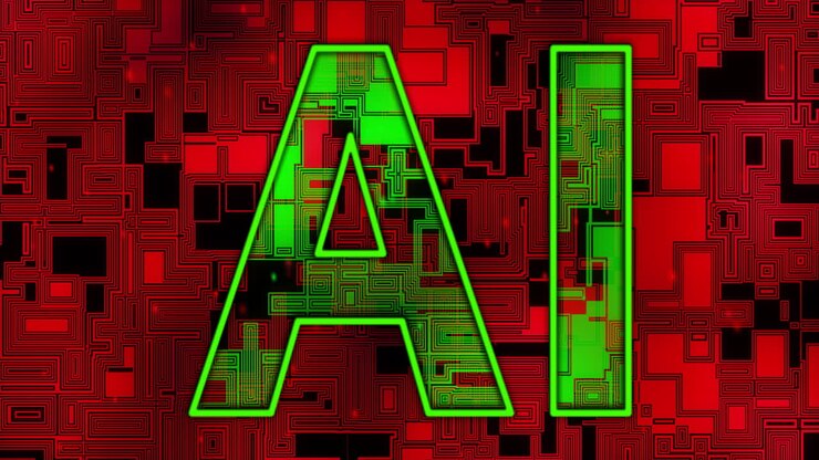 Animazione di testo AI ed elaborazione dati su sfondo rosso